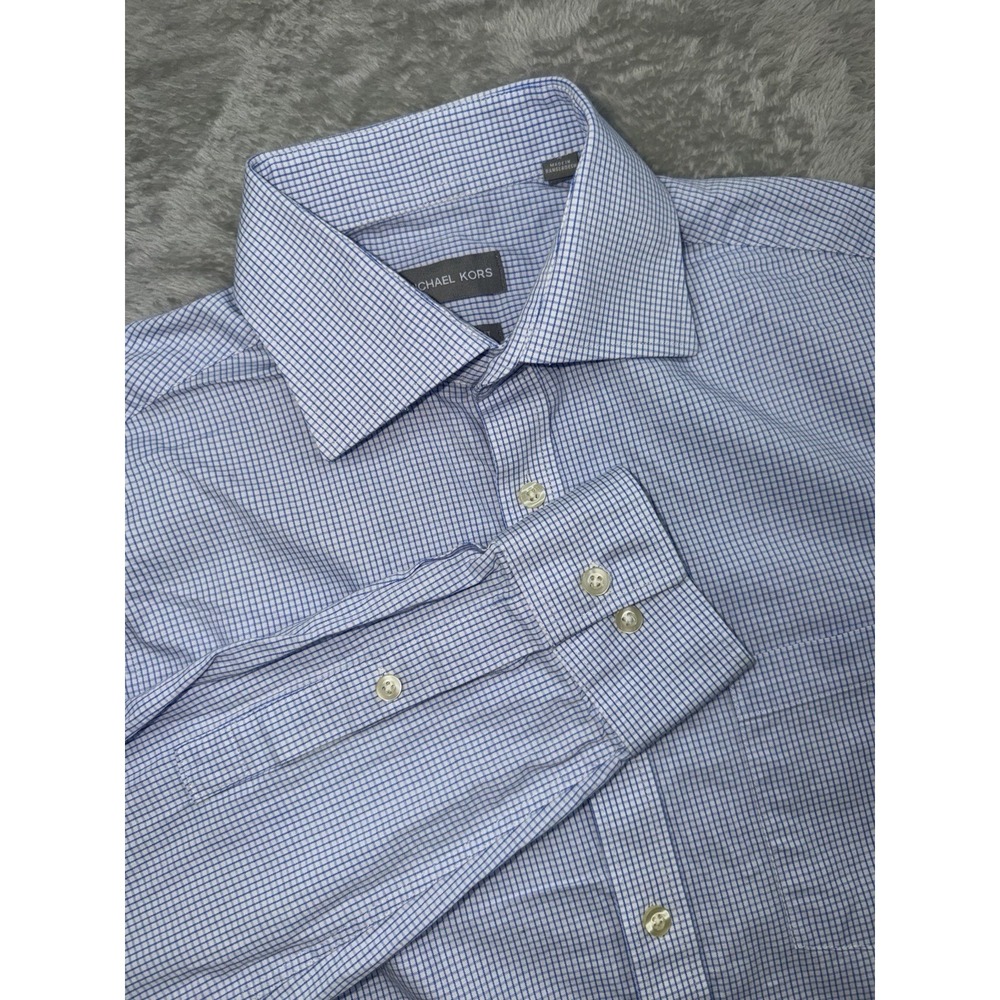 Michael Kors Shirt Mens 15.5 32/33 Regular Fit Blue Check Button Up Longsleeve